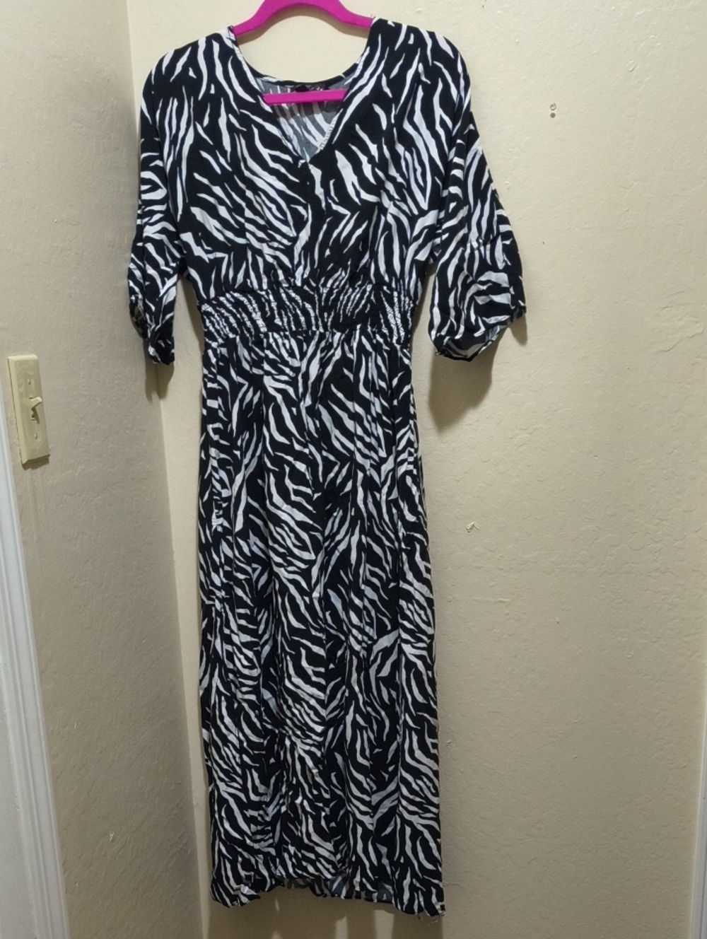 Black & White Zebra Print Maxi Dress with Shirred Waist